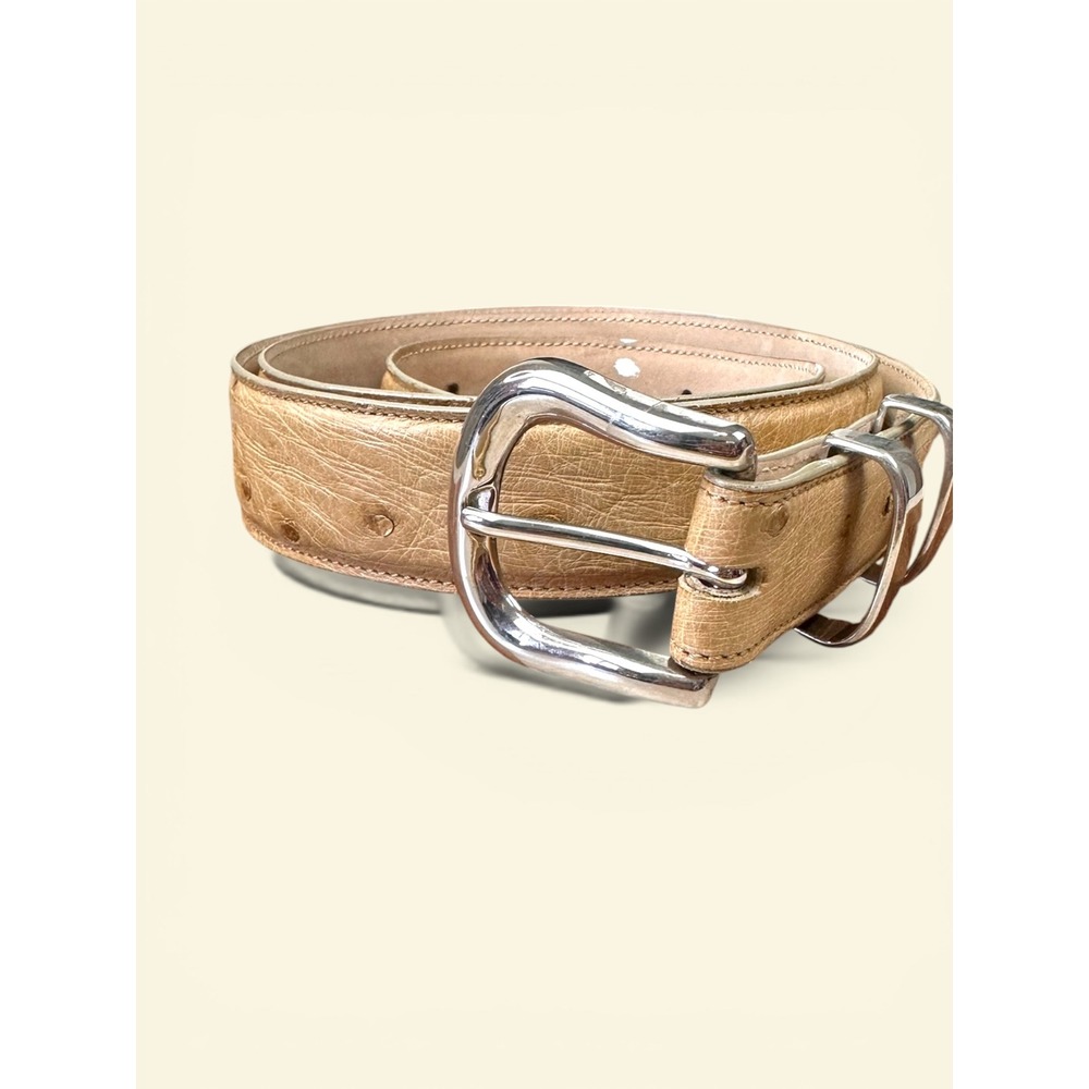 Laurent Eiffel Ostrich Leather Belt 48 Tan Silver Buckle Tip Good Western France